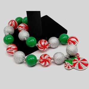 Fun Holiday Necklace of Red, Green & Silver Beads with Pendant with Rhinestones